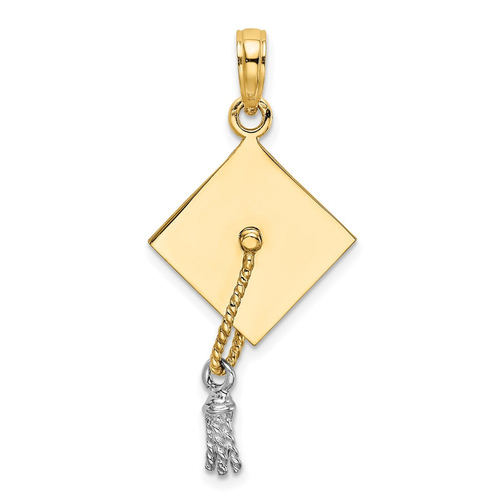 14k Yellow & Rhodium Gold 3-D Graduation Cap w/ White Rhodium Moveable Tassle Charm