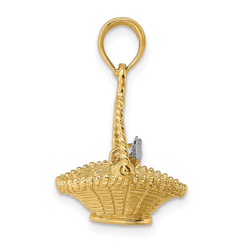 14k Two-tone Gold w/ Rhodium 3-D Tiny Cat In Basket Charm