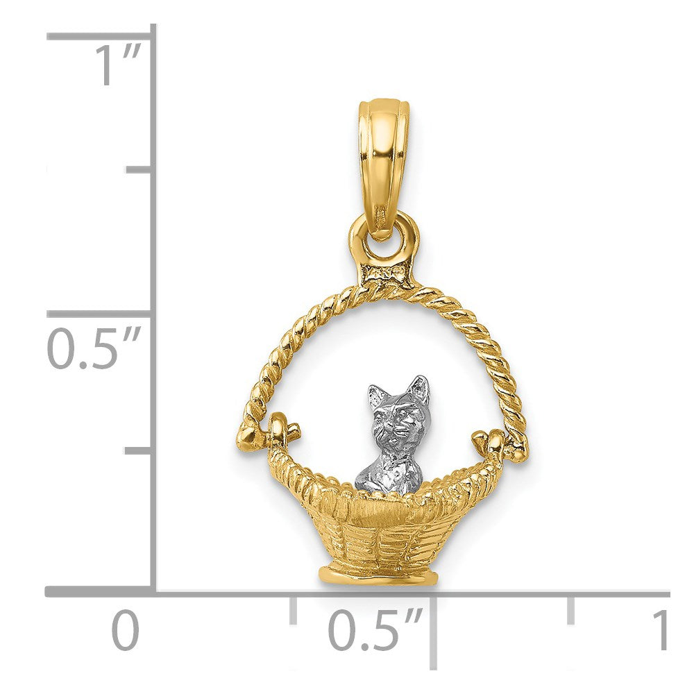 14k Two-tone Gold w/ Rhodium 3-D Tiny Cat In Basket Charm