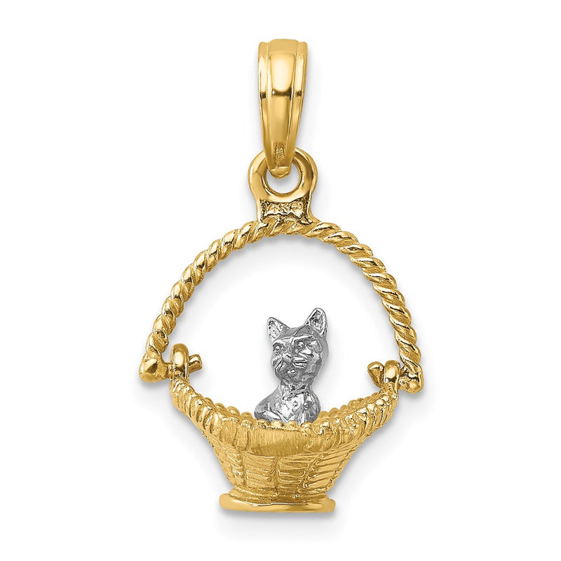 14k Two-tone Gold w/ Rhodium 3-D Tiny Cat In Basket Charm