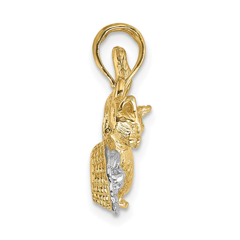 14k Yellow & Rhodium Gold White Rhodium Cat Playing w/Yarn in Basket Charm