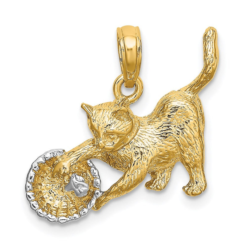 14k Yellow & Rhodium Gold White Rhodium Cat Playing w/Yarn in Basket Charm