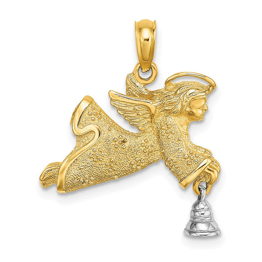 14k Two-tone Gold w/Rhodium Flying Angel w/ Moveable Bell Charm