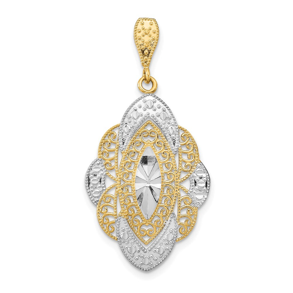 14k Yellow & Rhodium Gold w/Rhodium D/C Filigree Oval Charm