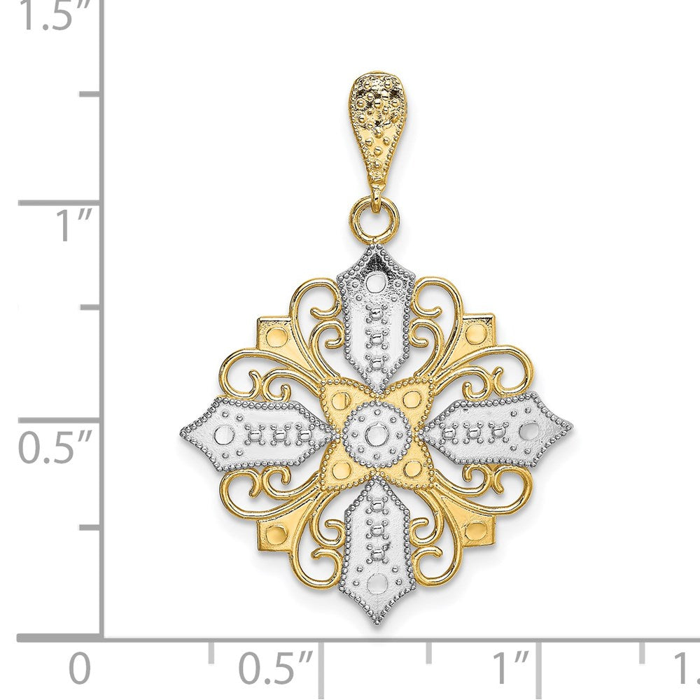14k Yellow & Rhodium Gold w/ Rhodium Cut-out Cross Medallion Charm