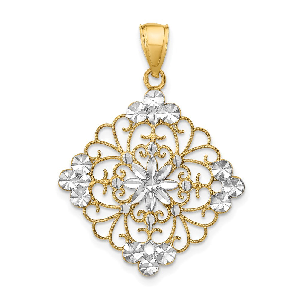 14k Yellow & Rhodium Gold w/Rhodium D/C Filigree Medallion Charm