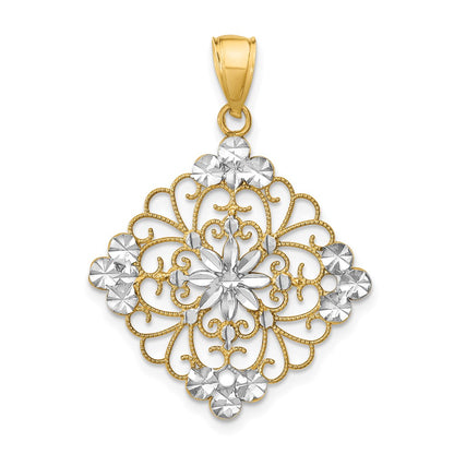 14k Yellow & Rhodium Gold w/Rhodium D/C Filigree Medallion Charm