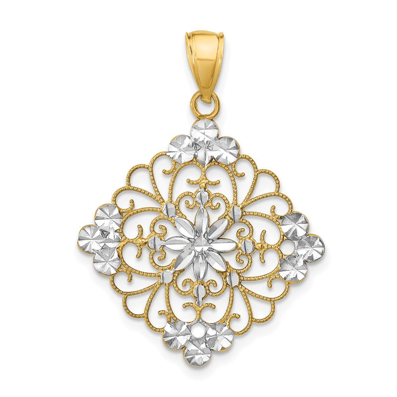 14k Yellow & Rhodium Gold w/Rhodium D/C Filigree Medallion Charm