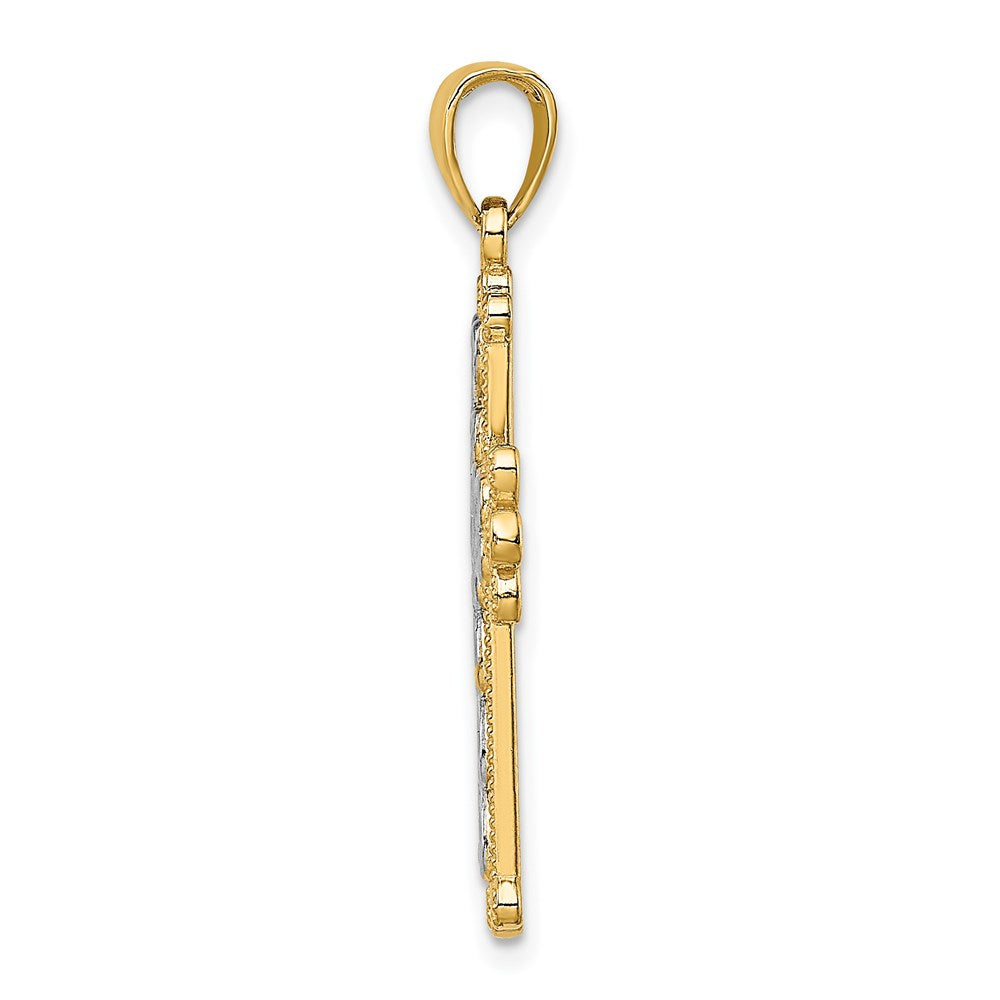14k Yellow & Rhodium Gold w/Rhodium Polished and Textured Beaded Cross Charm