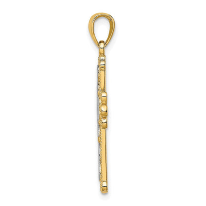 14k Yellow & Rhodium Gold w/Rhodium Polished and Textured Beaded Cross Charm