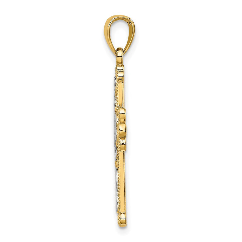 14k Yellow & Rhodium Gold w/Rhodium Polished and Textured Beaded Cross Charm