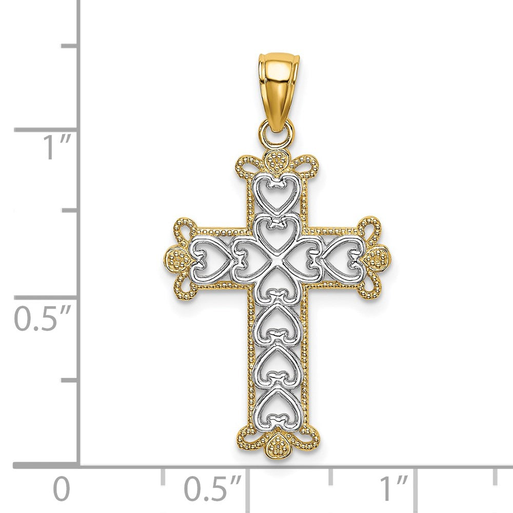 14k Yellow & Rhodium Gold w/Rhodium Polished and Textured Beaded Cross Charm