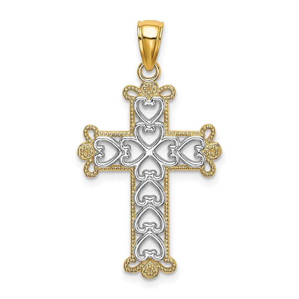 14k Yellow & Rhodium Gold w/Rhodium Polished and Textured Beaded Cross Charm