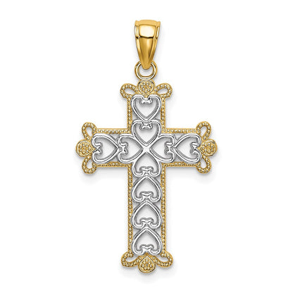 14k Yellow & Rhodium Gold w/Rhodium Polished and Textured Beaded Cross Charm