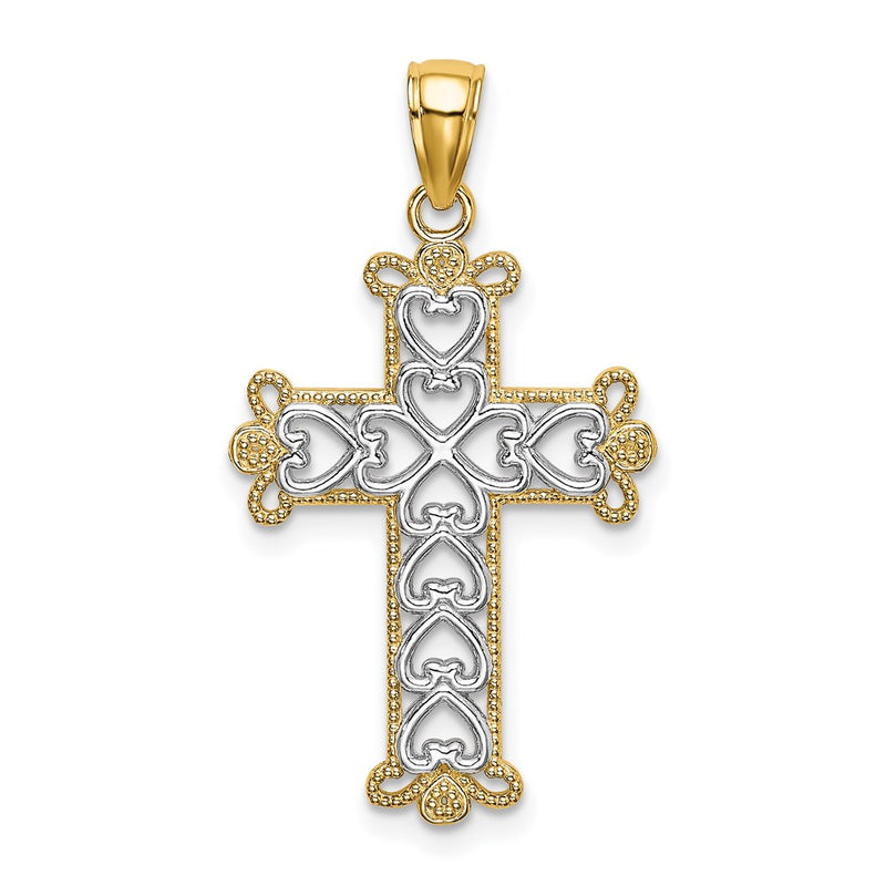 14k Yellow & Rhodium Gold w/Rhodium Polished and Textured Beaded Cross Charm