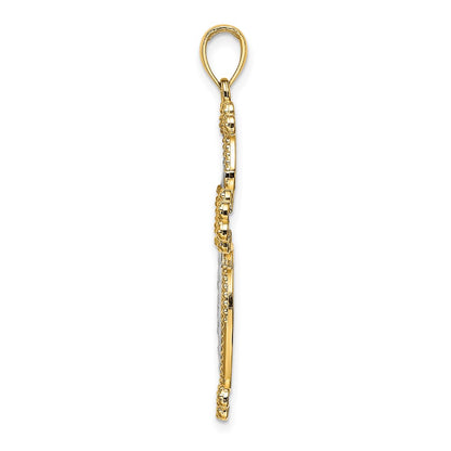 14k Yellow & Rhodium Gold W/ Rhodium D/C Puffed Cross Charm