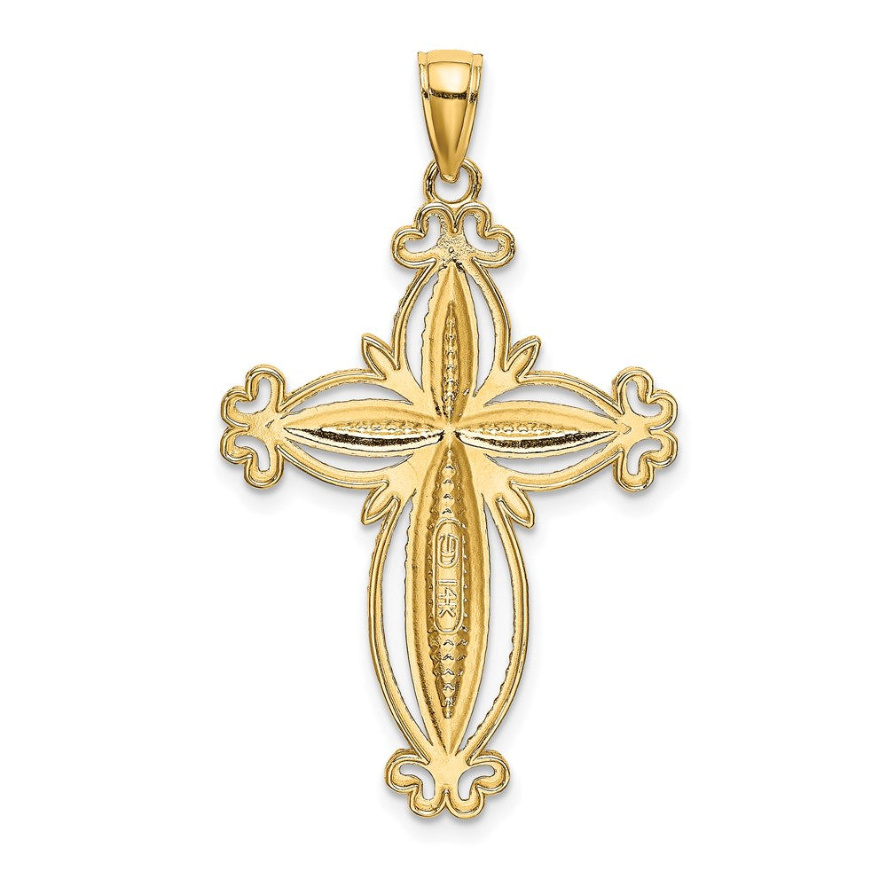 14k Yellow & Rhodium Gold W/ Rhodium D/C Puffed Cross Charm