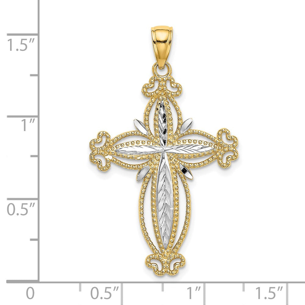 14k Yellow & Rhodium Gold W/ Rhodium D/C Puffed Cross Charm