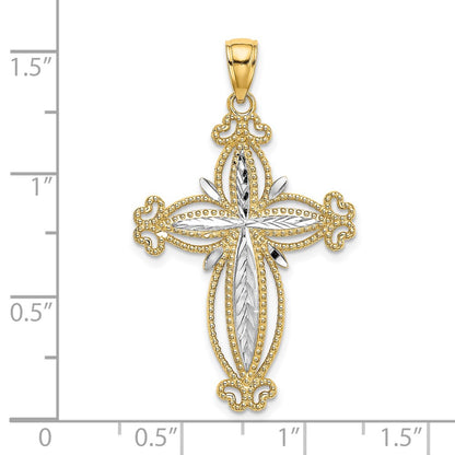 14k Yellow & Rhodium Gold W/ Rhodium D/C Puffed Cross Charm