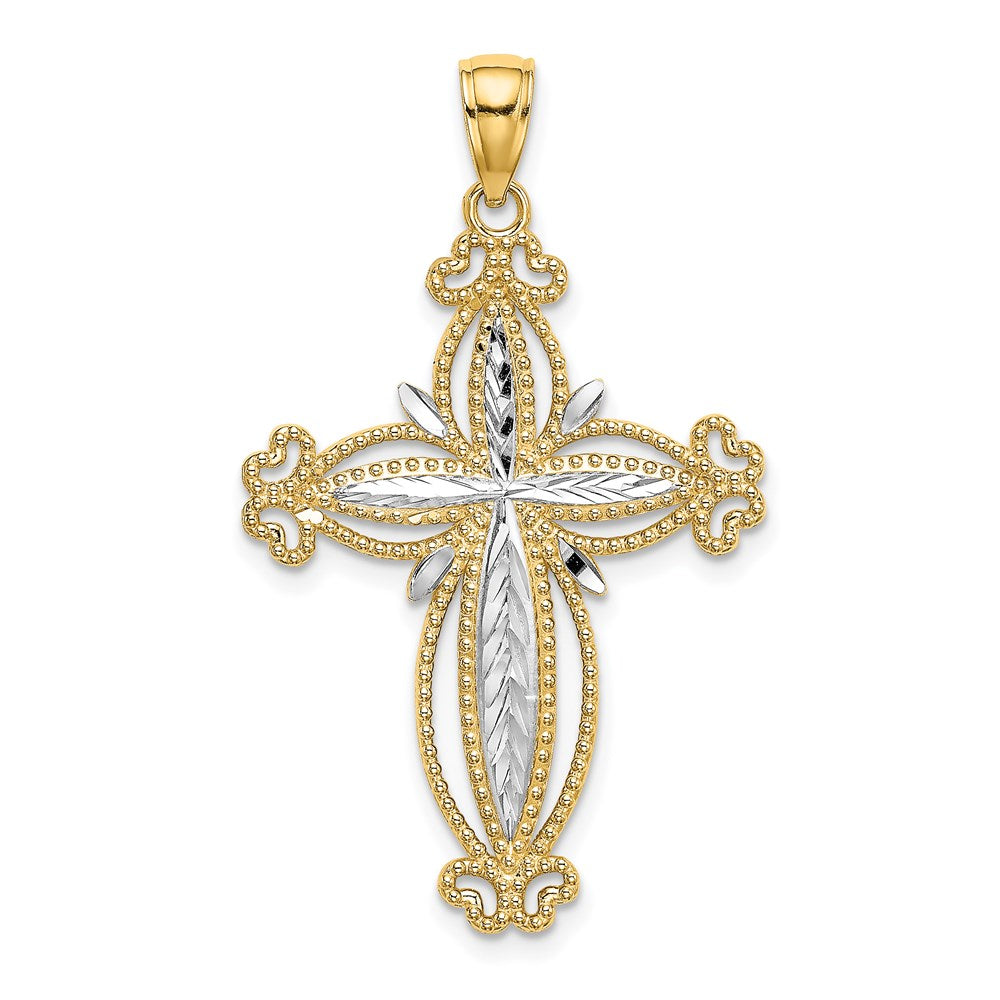 14k Yellow & Rhodium Gold W/ Rhodium D/C Puffed Cross Charm