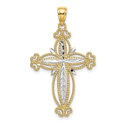 14k Yellow & Rhodium Gold W/ Rhodium D/C Puffed Cross Charm
