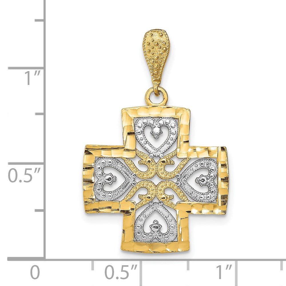 14k Yellow & Rhodium Gold w/Rhodium D/C Heart Cross Charm