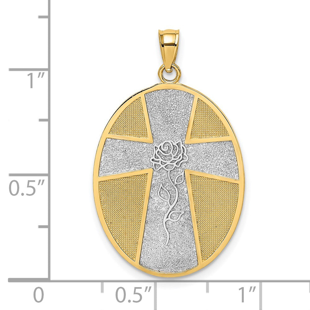 14k Yellow & Rhodium Gold w/Rhodium Serenity Prayer On Back Cross and Rose Charm