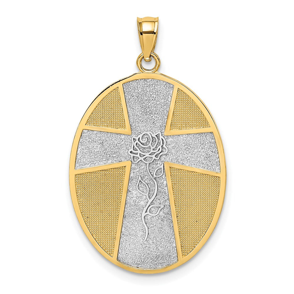 14k Yellow & Rhodium Gold w/Rhodium Serenity Prayer On Back Cross and Rose Charm