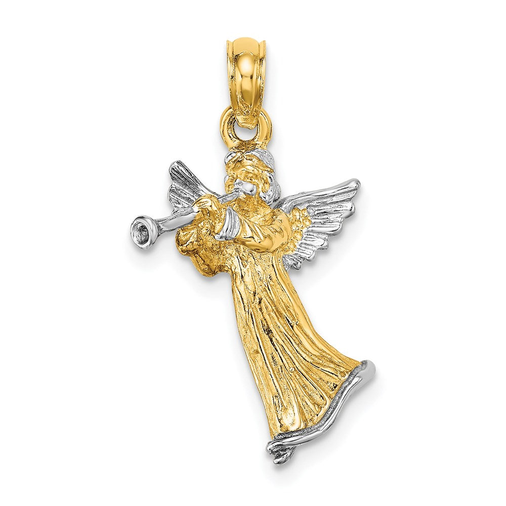 14k Yellow & Rhodium Gold w/ White Rhodium 3-D Angel Playing Trumpet Charm