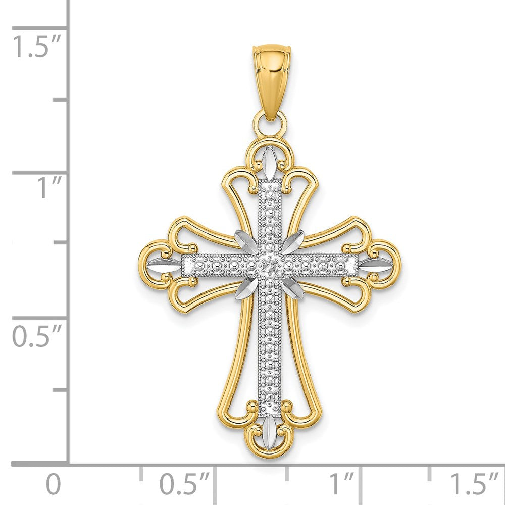 14k Yellow & Rhodium Gold W/ Rhodium Textured Block Cross Charm