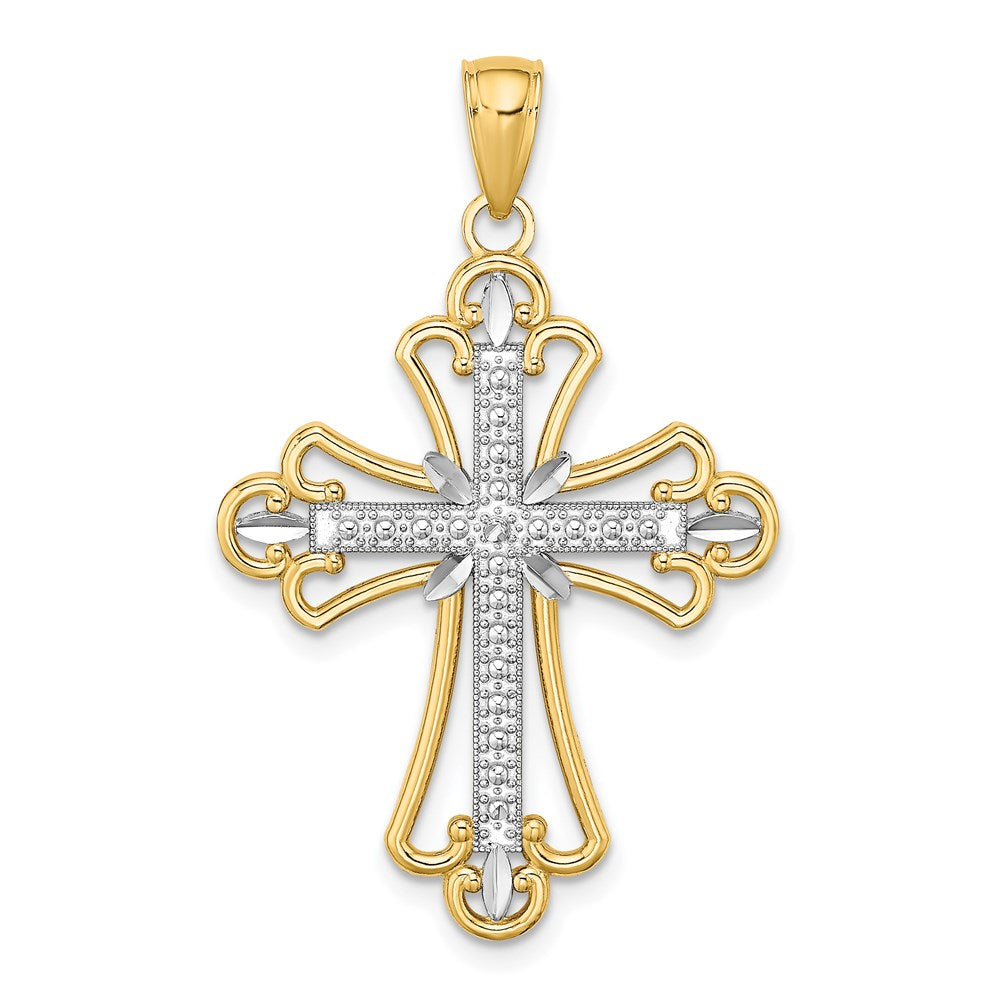 14k Yellow & Rhodium Gold W/ Rhodium Textured Block Cross Charm
