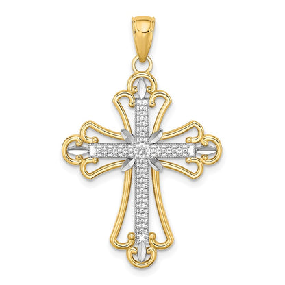14k Yellow & Rhodium Gold W/ Rhodium Textured Block Cross Charm
