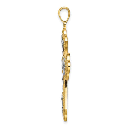 14k Yellow & Rhodium Gold W/ Rhodium and D/C Leaves And Beaded Cross Charm