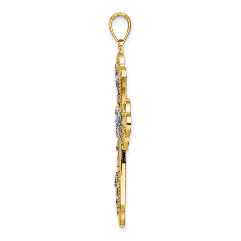14k Yellow & Rhodium Gold W/ Rhodium and D/C Leaves And Beaded Cross Charm