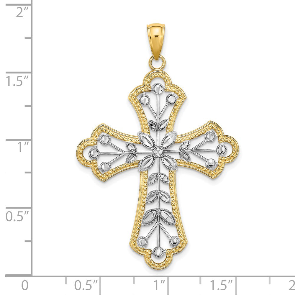 14k Yellow & Rhodium Gold W/ Rhodium and D/C Leaves And Beaded Cross Charm