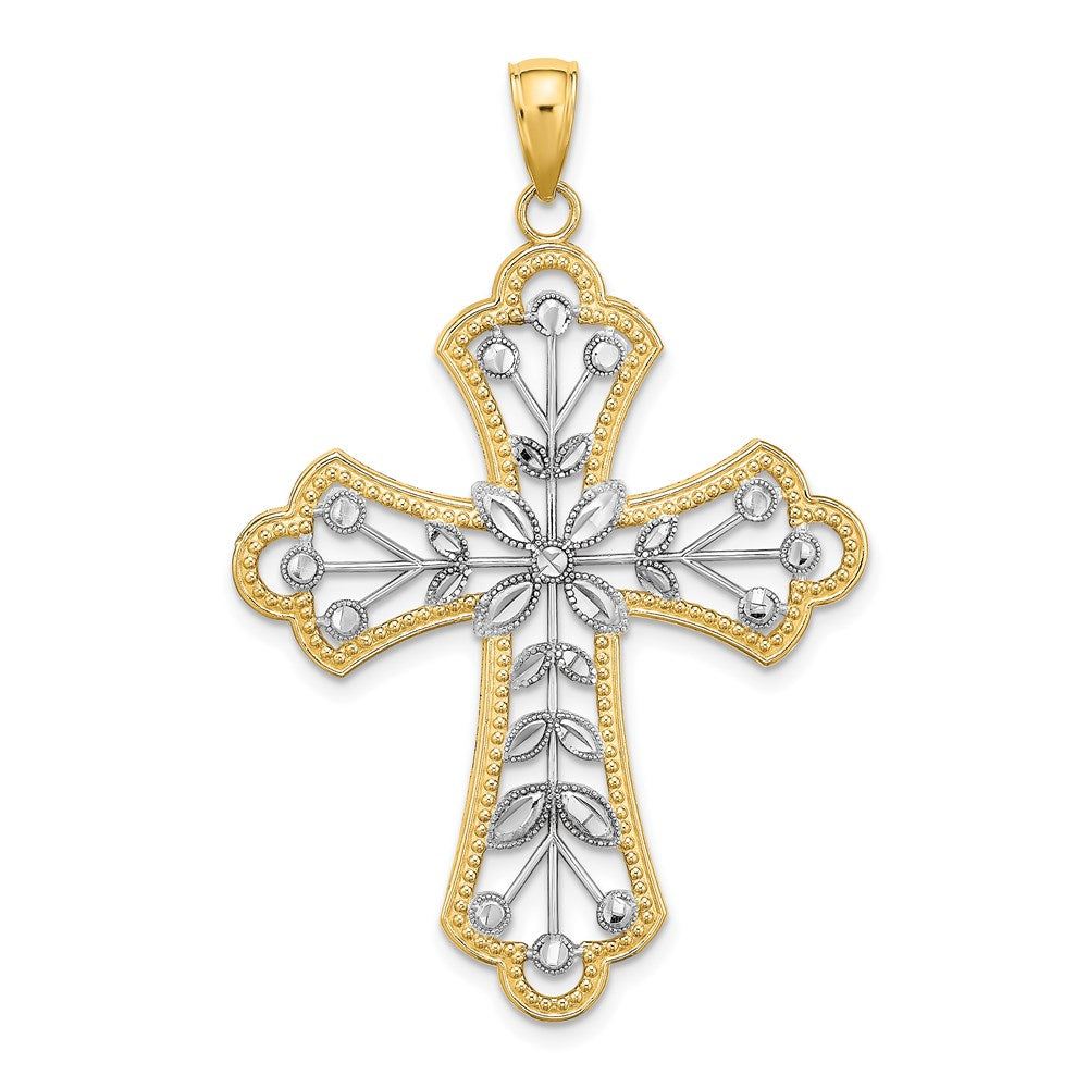 14k Yellow & Rhodium Gold W/ Rhodium and D/C Leaves And Beaded Cross Charm
