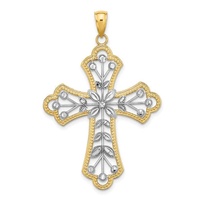 14k Yellow & Rhodium Gold W/ Rhodium and D/C Leaves And Beaded Cross Charm
