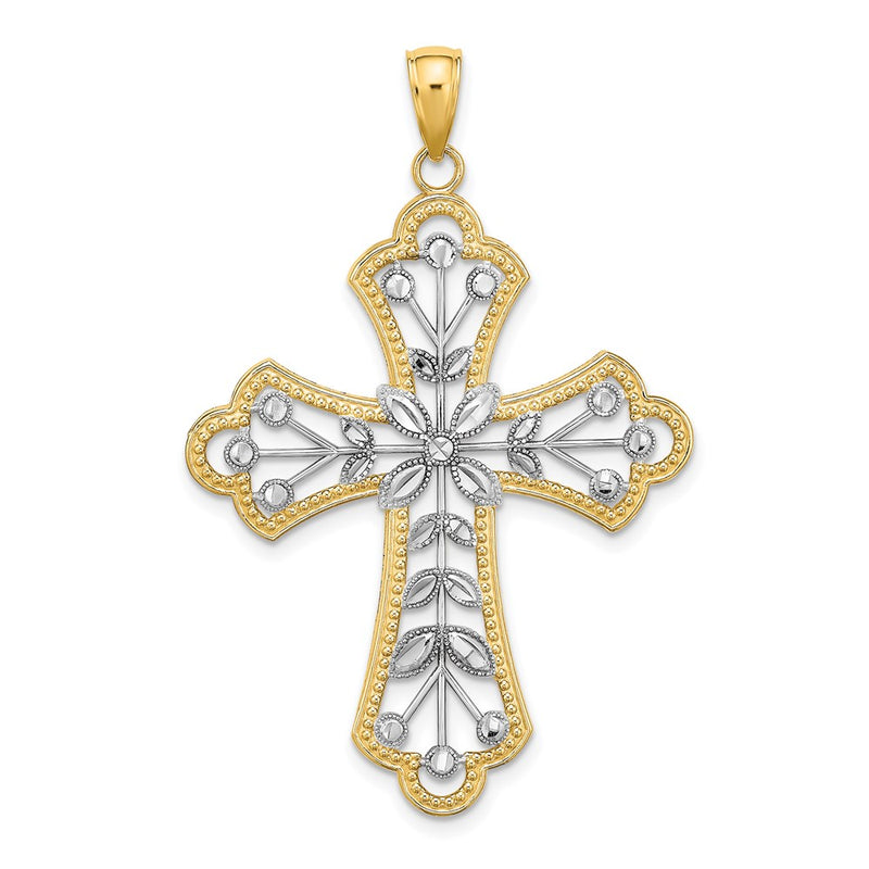 14k Yellow & Rhodium Gold W/ Rhodium and D/C Leaves And Beaded Cross Charm