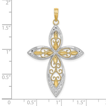 14k Yellow & Rhodium Gold W/ Rhodium Beaded Filigree Cross Charm