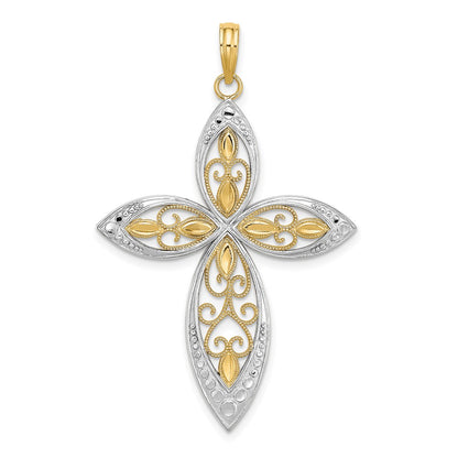 14k Yellow & Rhodium Gold W/ Rhodium Beaded Filigree Cross Charm