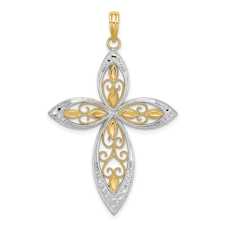 14k Yellow & Rhodium Gold W/ Rhodium Beaded Filigree Cross Charm