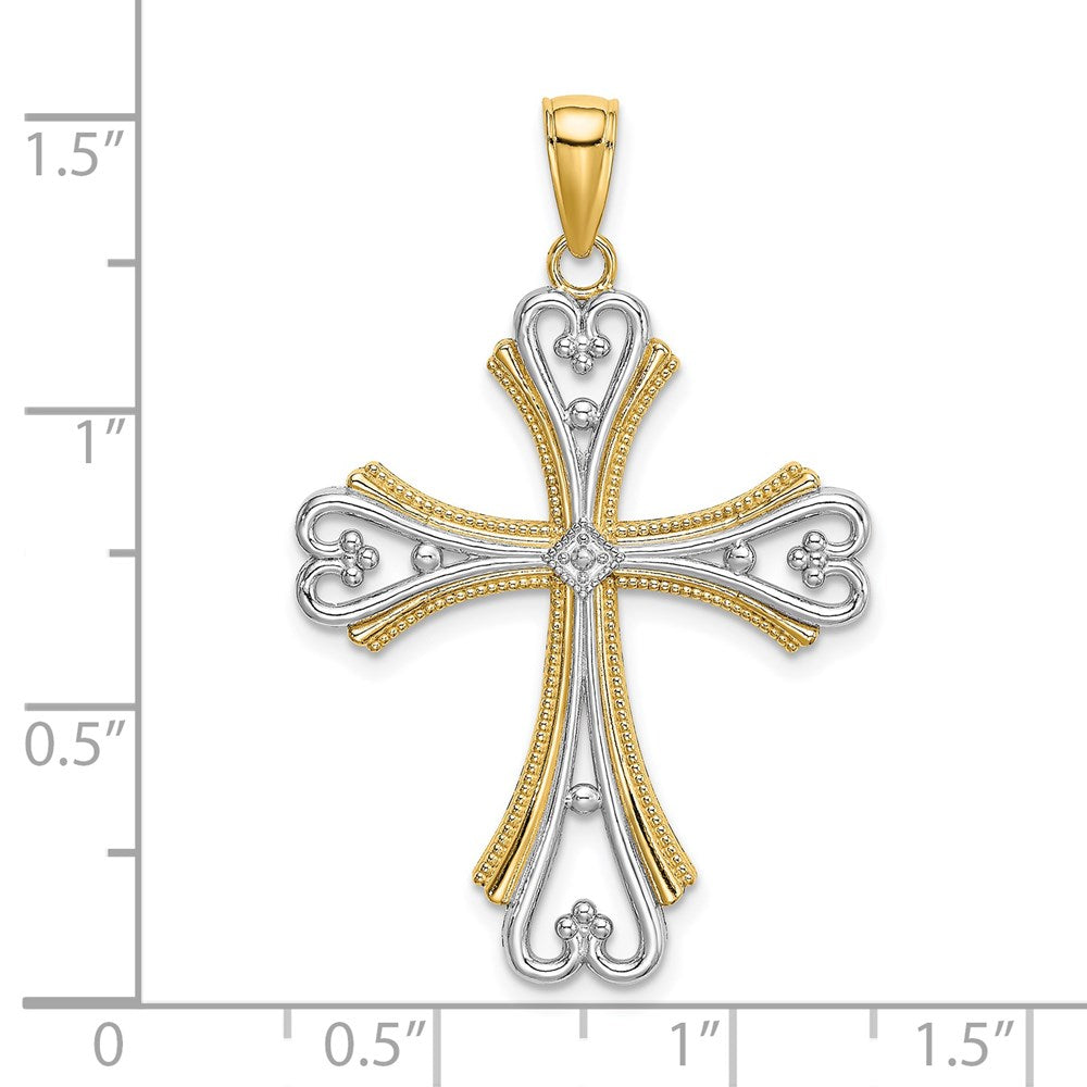 14k Yellow & Rhodium Gold W/ Rhodium Beaded Heart Cross Charm