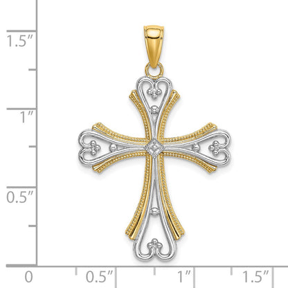 14k Yellow & Rhodium Gold W/ Rhodium Beaded Heart Cross Charm
