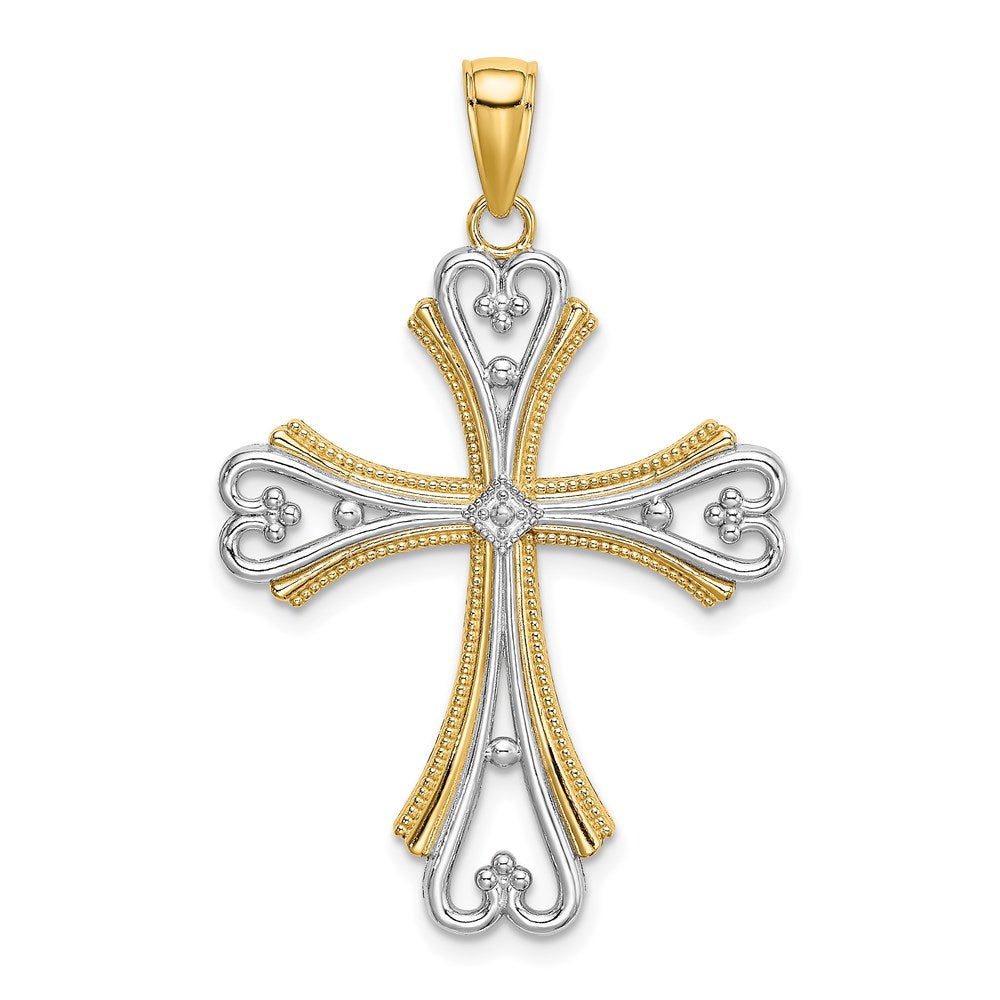 14k Yellow & Rhodium Gold W/ Rhodium Beaded Heart Cross Charm