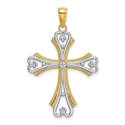 14k Yellow & Rhodium Gold W/ Rhodium Beaded Heart Cross Charm