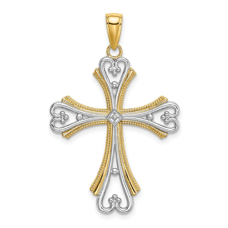 14k Yellow & Rhodium Gold W/ Rhodium Beaded Heart Cross Charm