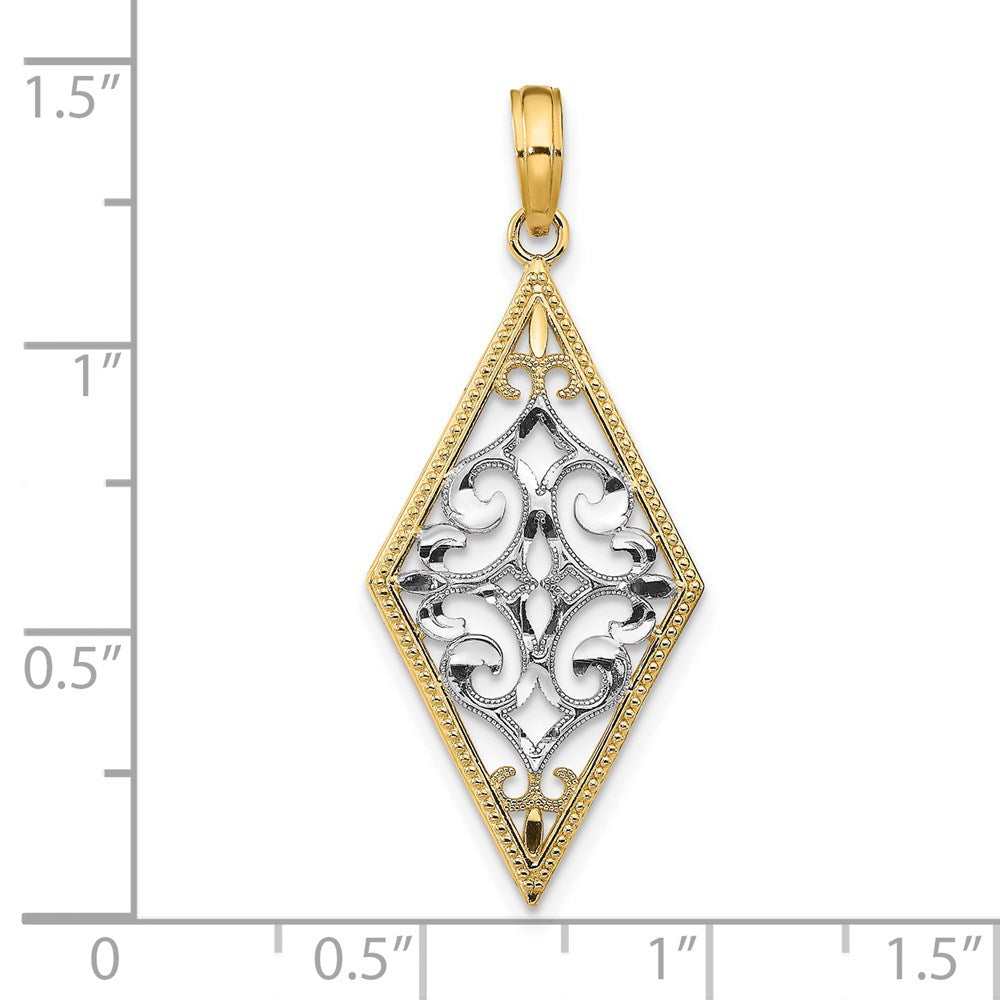 14k Yellow & Rhodium Gold w/Rhodium Diamond Shape Cut-Out Filigree Charm