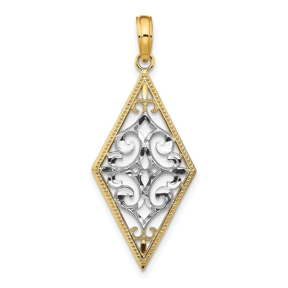 14k Yellow & Rhodium Gold w/Rhodium Diamond Shape Cut-Out Filigree Charm