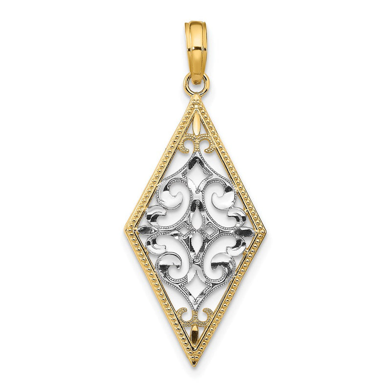 14k Yellow & Rhodium Gold w/Rhodium Diamond Shape Cut-Out Filigree Charm