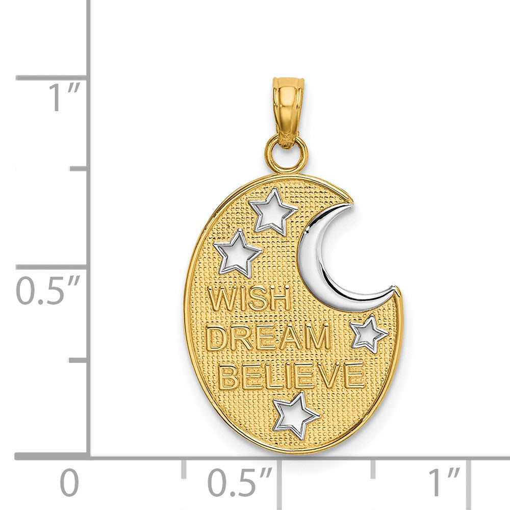 14k Yellow & Rhodium Gold w/ Rhodium WISH DREAM BELIEVE Moon and Stars Charm